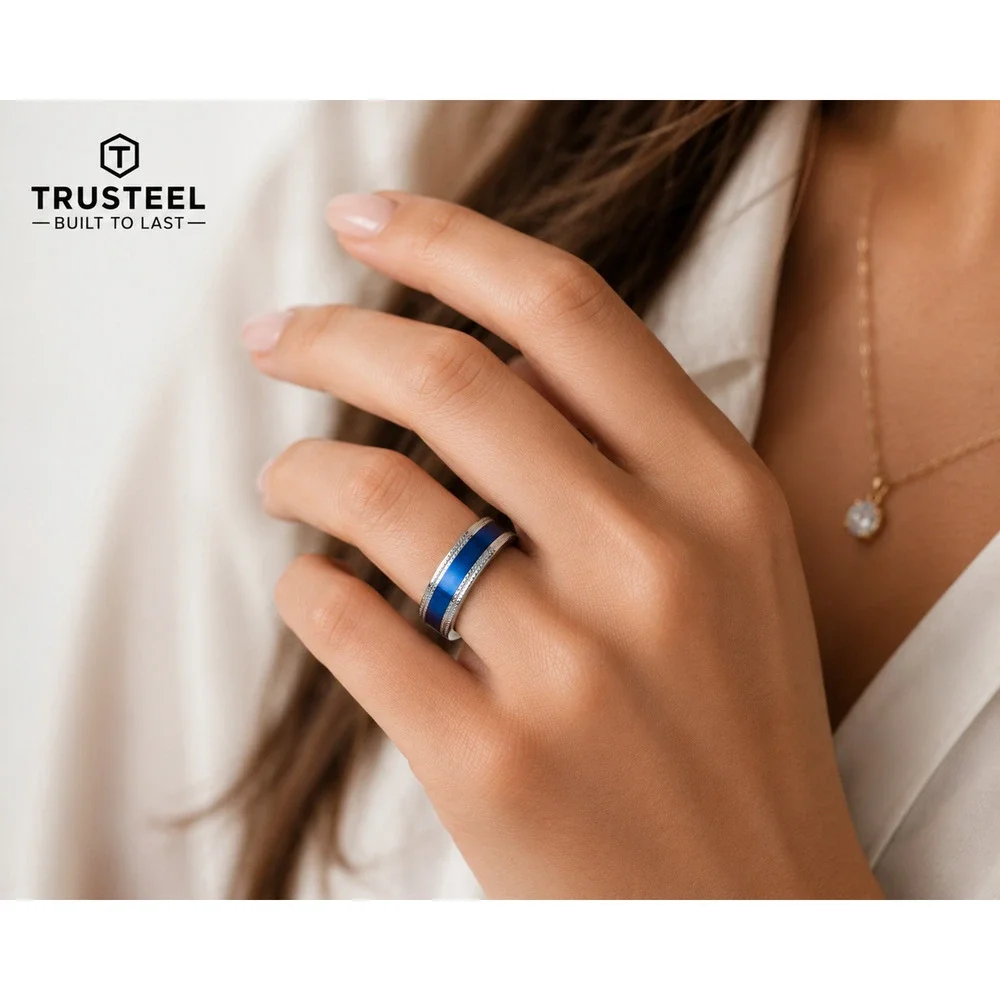 Womens 316L Stainless Steel Ring Wedding Band Comfort Fit Silver Blue 6mm Size 5